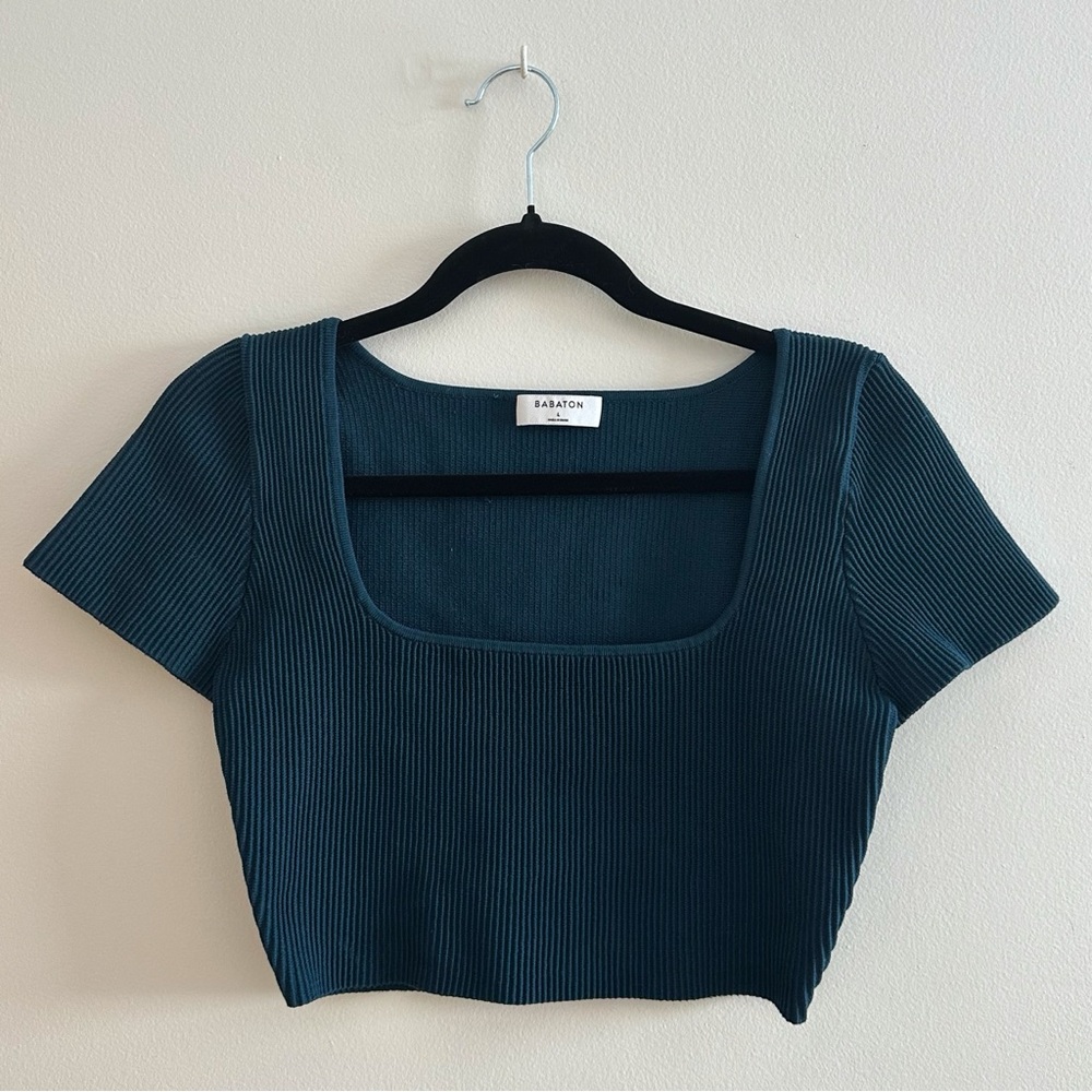 Aritzia Babaton Deep Teal Sculptknit Squareneck Ribbed Cropped Top L